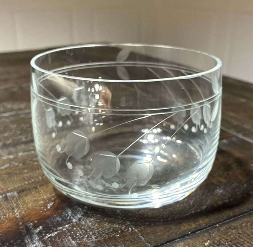 Toscany Vintage Hand Blown Cut Glass Bowl Etched Floral Flowers
